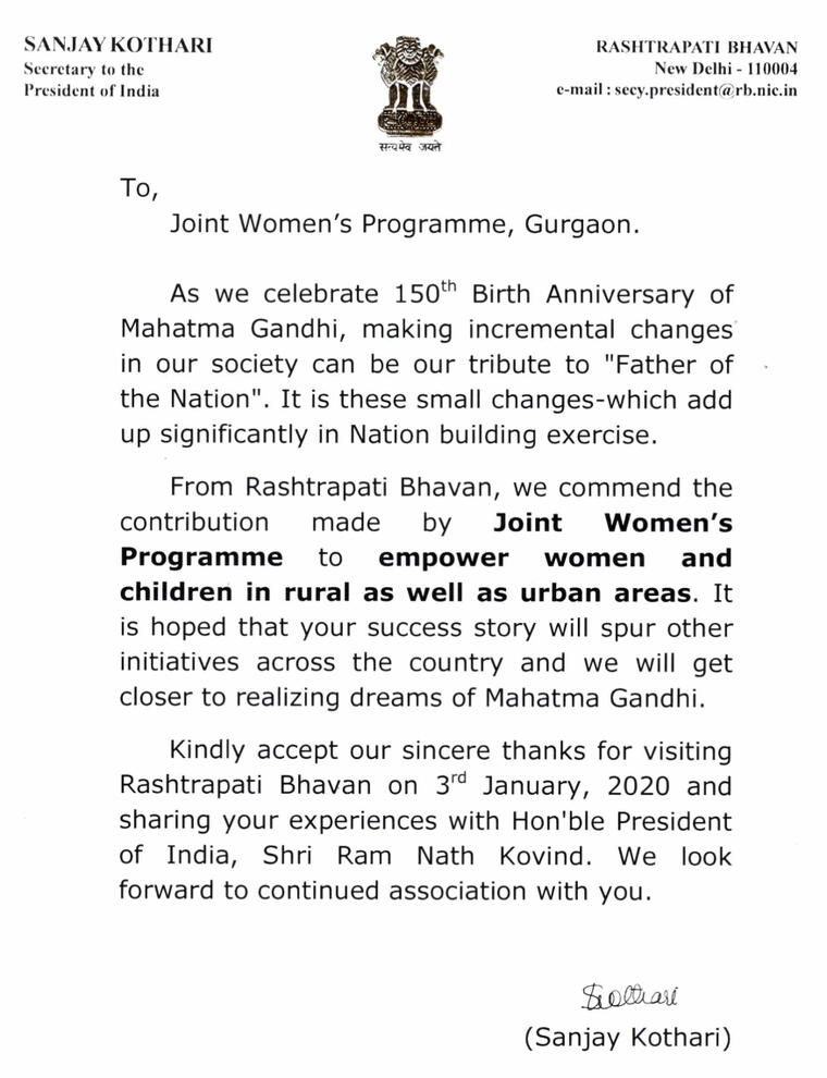 Letter of appreciation from Rashtrapati Bhavan